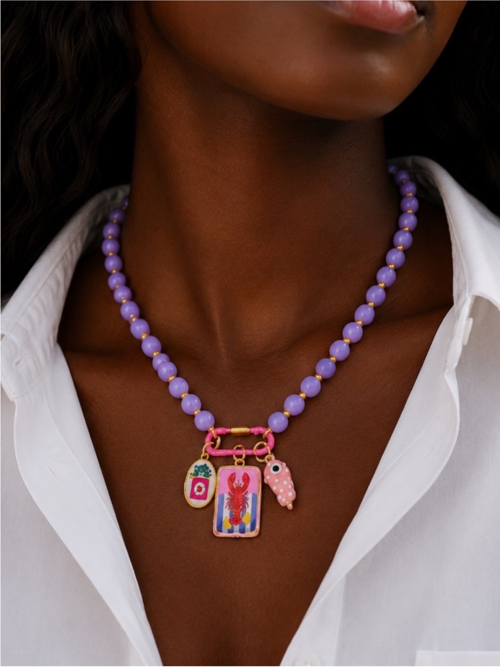 New! Coastal Purple Preppy Lobster Beaded Carabiner Dopamine Necklace NWOT 3033